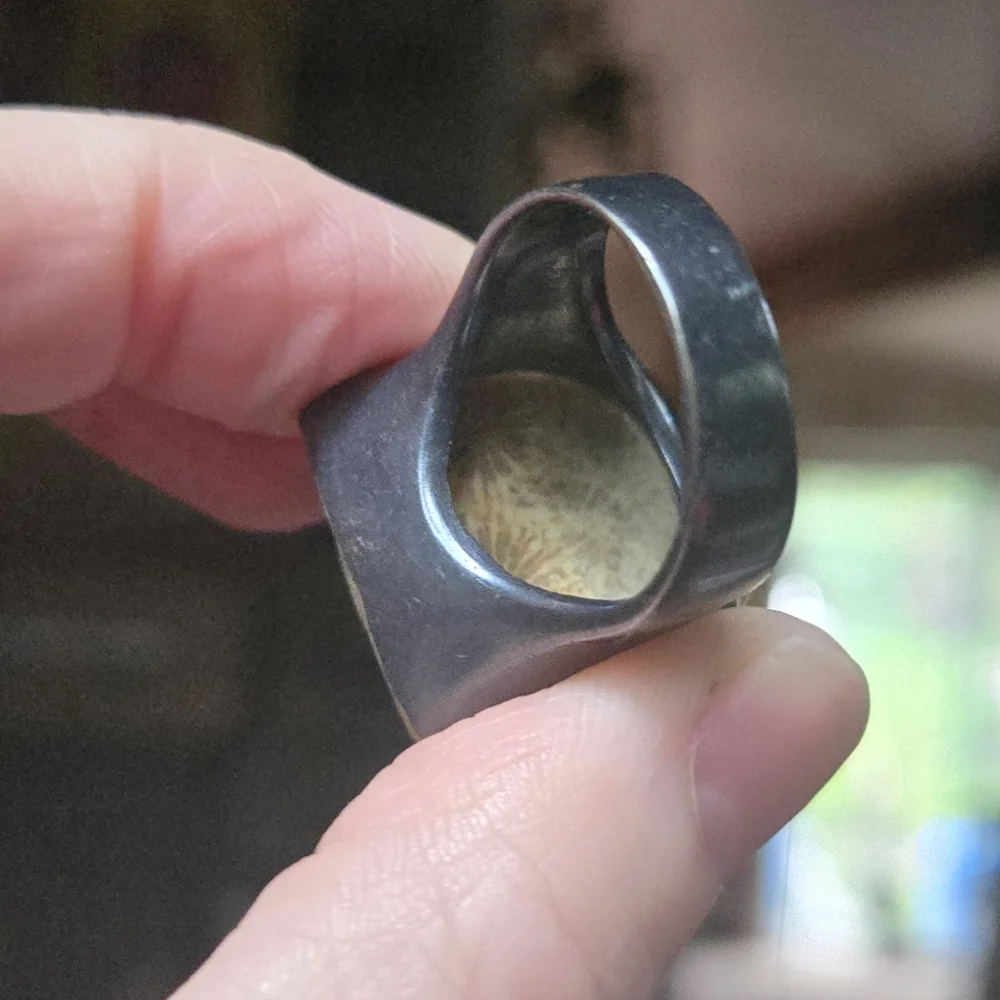 Coral Fossil Stone sterling rhodium & gold Ring sz9 - Picture 7 of 8